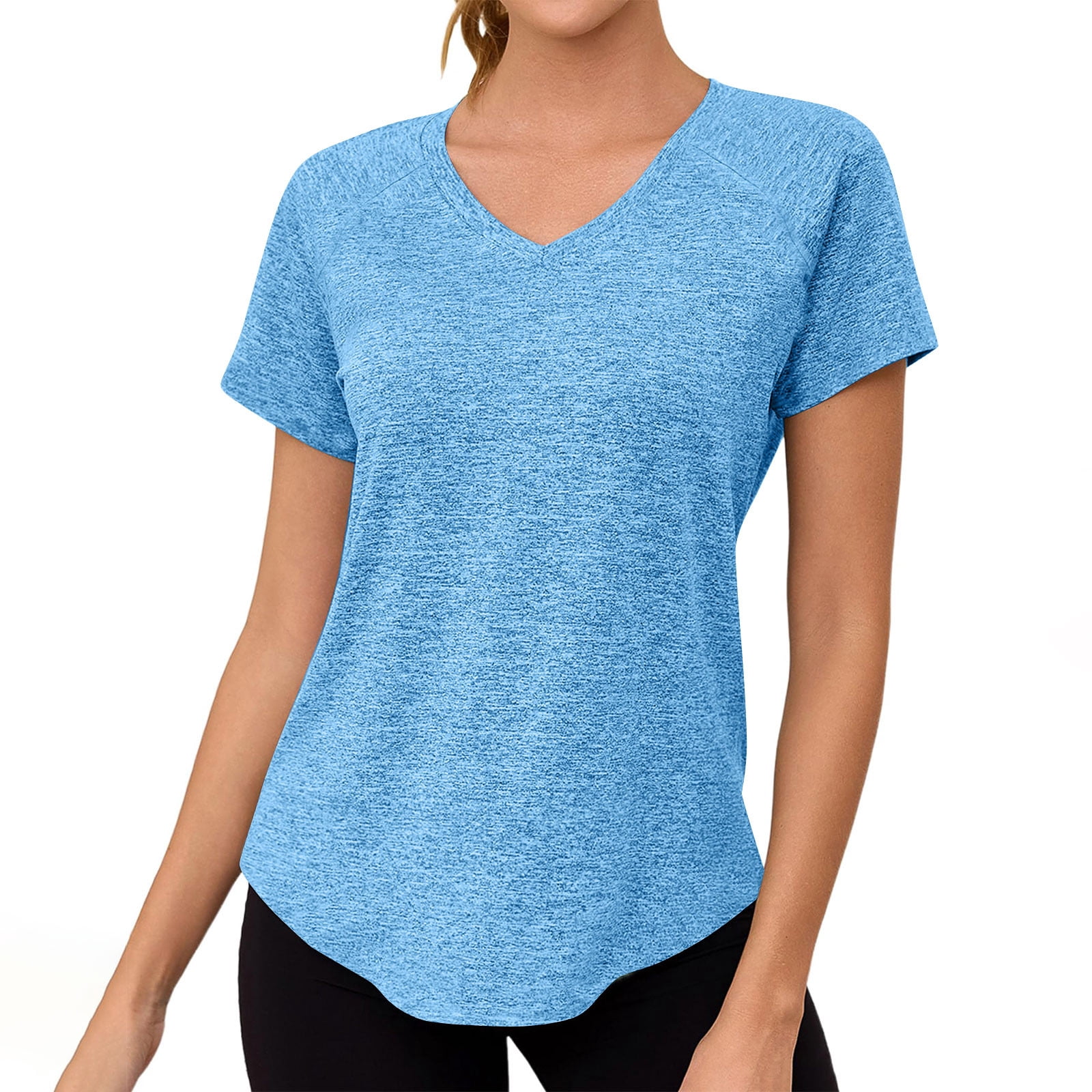 JYnXIANTI Womens Tops Short Sleeve V Neck Curved Hem Shirts Thin ...