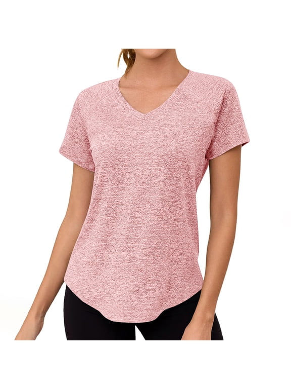 Womens Tops Short Sleeve V Neck Curved Hem Shirts Thin Breathable Workout Athletic Gym T Shirts Summer Clothes
