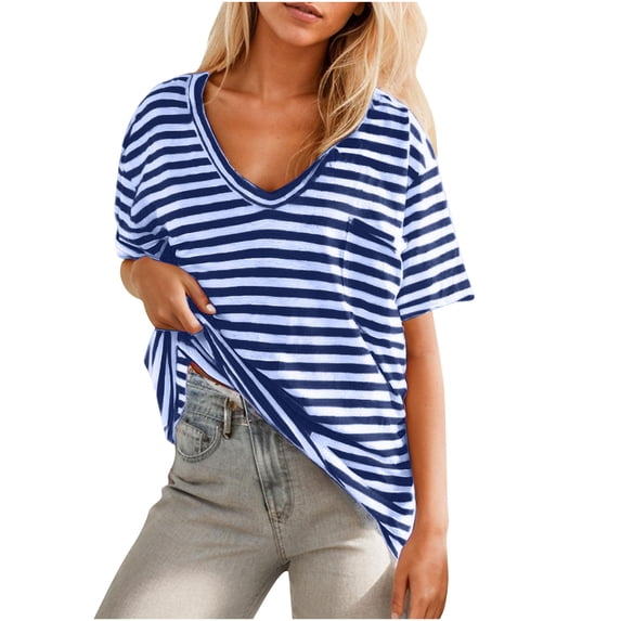 JYnXIANTI Womens Tops Summer Clothes Short Sleeve V Neck Striped Shirts Casual Tunic Tee with Pocket Loose Fit Outfits