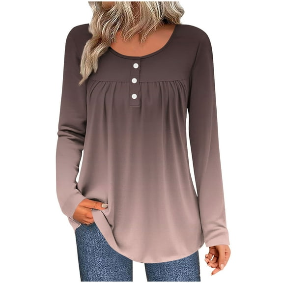 JYnXIANTI Womens Tops Trendy Gradient Long Sleeve Pleated T Shirts Round Neck Casual Comfort Tunic Tee Fall Winter Outfits