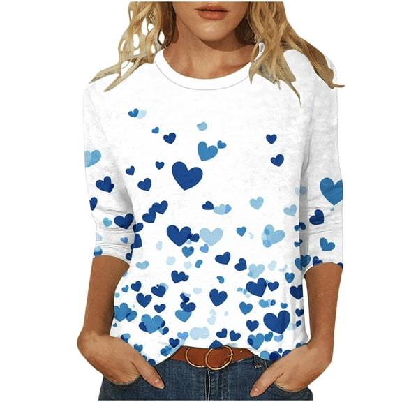JYnXIANTI Womens Valentines Shirts 3/4 Sleeve Heart Graphic Tops Round Neck T-Shirt Casual Comfy Outfit Winter Clothes