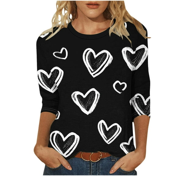 JYnXIANTI Womens Valentines Shirts 3/4 Sleeve Heart Graphic Tops Round Neck T-Shirt Casual Comfy Outfit Winter Clothes