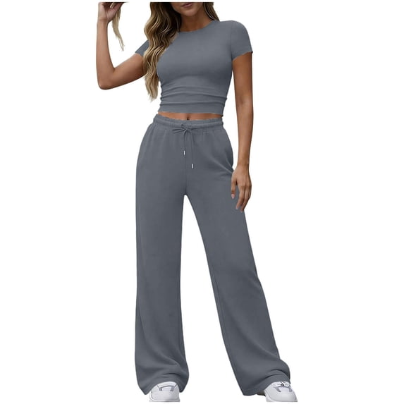 JYnXIANTI Workout Sets for Women Two Piece Outfit Fitted Crop Tops with Baggy Pants Set Athletic Matching Clothing Active Wear