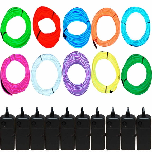 JYtrend 10-Pack 15ft Neon Light El Wire with Battery Pack ( Blue, Green, Red, White, Orange, Purple, Pink, Yellow, Lime Green, Aqua Blue)