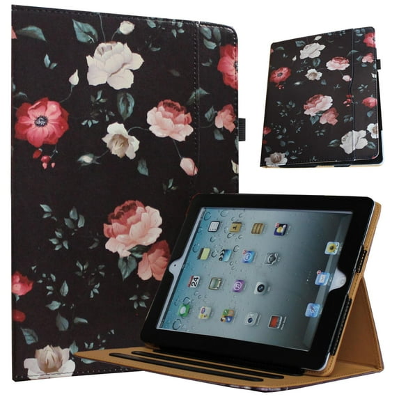 JYtrend Case for iPad 2 (2011) /iPad 3 (2011)/iPad 4 (2012), Multi Viewing Stand Leather Folio Smart Cover with Pocket for Model A1395 A1396 A1397 A1403 A1416 A1430 A1458 A1459 A1460, Black Flower