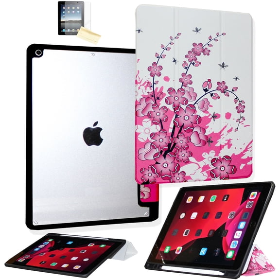 JYtrend Shockproof Case for iPad 9th 8th 7th Generation (10.2 Inch), Smart Cover Transparent Clear Back Shell for A2602 A2603 A2604 A2270 A2428 A2429 A2200 A2198 (Pink Flower)