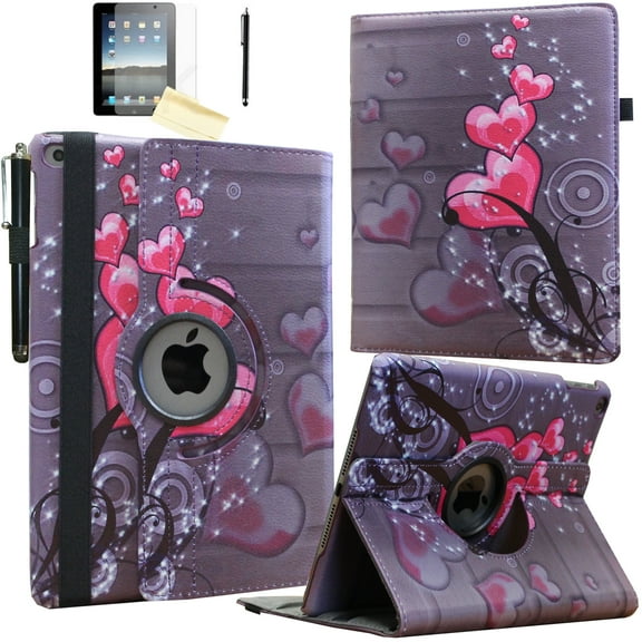 JYtrend Smart Case for iPad 5th / 6th Generation with Pencil Holder, Rotating Stand Magnetic Auto Wake Up/Sleep Cover for 2017 / 2018 iPad 9.7 Model A1893 A1954 A1822 A1823 (Heart Flower)