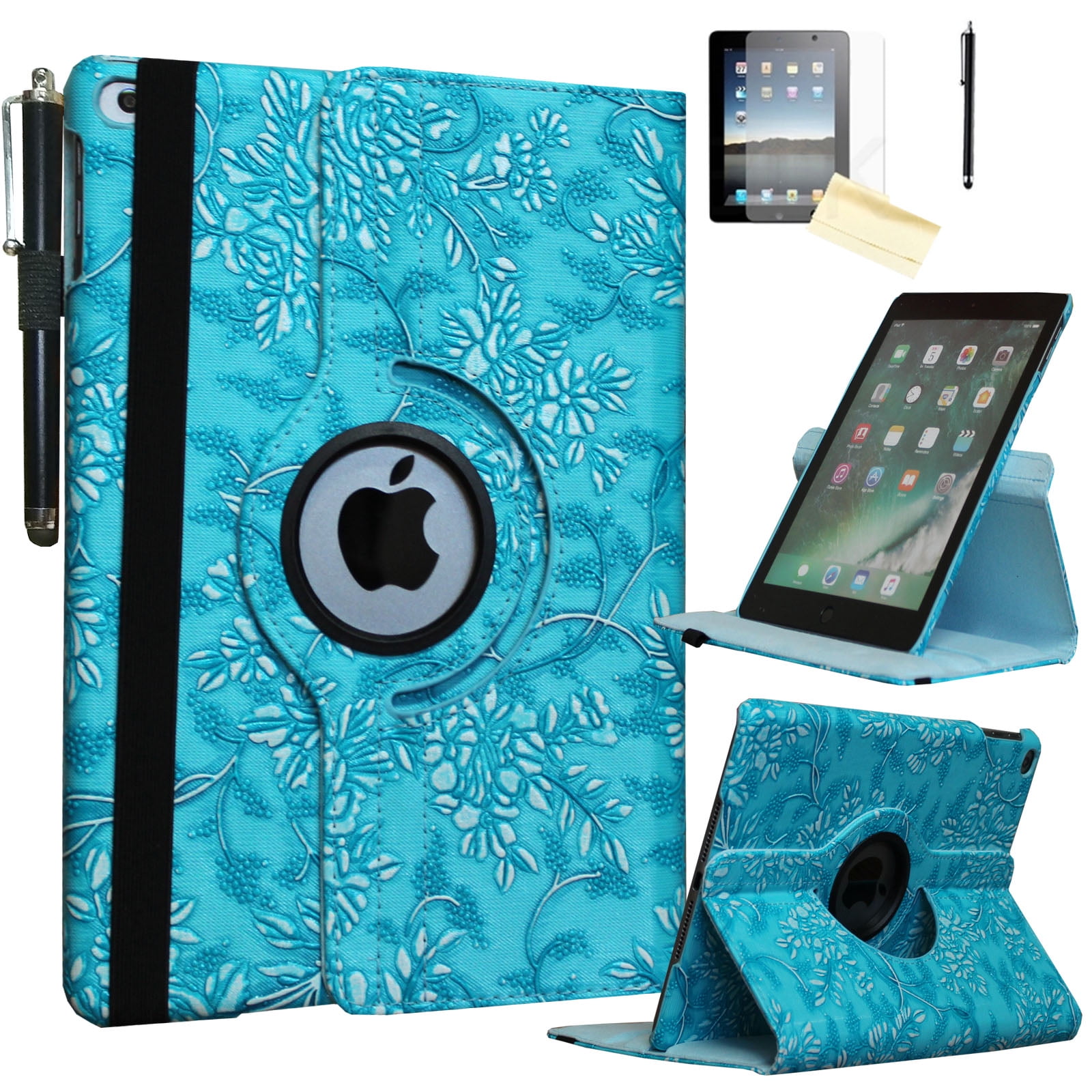 JYtrend Smart Case for iPad Air 1st /Air 2nd Generation (9.7 IN) with Pencil Holder, Rotating Stand Magnetic Auto Wake Up/Sleep Cover for iPad Air 1/2 A1474 A1475 A1476 A1566 A1567 (Embossed Flower)