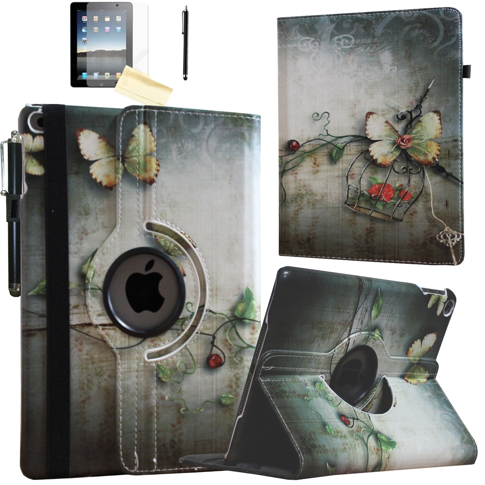 JYtrend Smart Case for iPad Air 1st /Air 2nd Generation (9.7 IN) with Pencil Holder, Rotating Stand Magnetic Auto Wake Up/Sleep Cover for iPad Air 1/2 A1474 A1475 A1476 A1566 A1567 (Butterfly Flower)