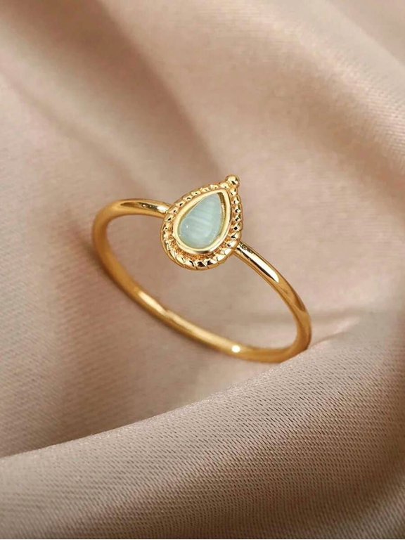 JZ2881G Goldtone Teardrop Cat Eye Stone Solitaire Ring For Women