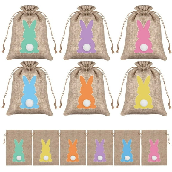 JZCHUNTOY 24 Pieces Easter Bunny Drawstring Gift Bag Set, Linen-like Rabbit Tail Cute Candy Pouch, Reusable Portable Lightweight Treat Bag for Easter Party Gift Candy Snack Packaging