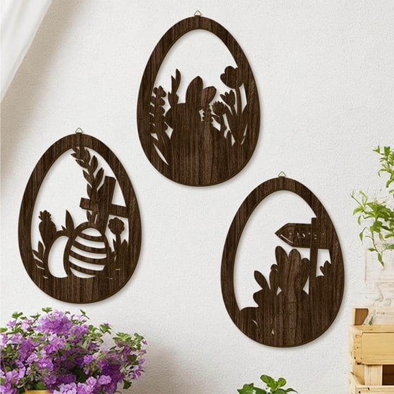 JZCHUNTOY 3-Piece Easter Rabbit Egg Wall Decor Hanging Ornament, Round Wooden Cut-Out Plaque Wall Sticker, Decorative Hanging Sign for Home Festival Party Decoration