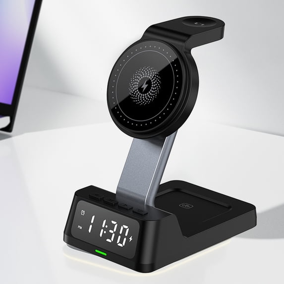 JZCHUNTOY 4 in 1 15W Wireless Charger with Alarm Clock, Multifunctional Smart Desktop Charging Station, Fast Charging Dock for Mobile Phones, Wireless Earphones, with Charging Cable