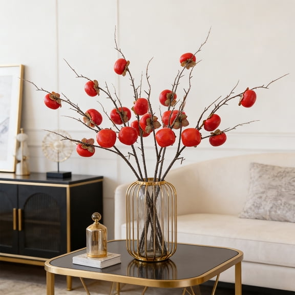 JZCHUNTOY Artificial Persimmon Branch, Realistic Simulation Fake Tree Branch with Fruits, Lifelike Colorfast Durable Faux Flower Branch for Home Wedding Festival Vase Arrangement Decoration