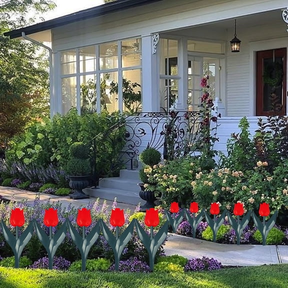 JZCHUNTOY Artificial Tulip Garden Fence 1 Piece, UV Resistant Realistic Flower Decorative Picket Fence, Waterproof Sturdy Yard Barrier, for Patio Lawn Garden Flower Bed Landscape Decoration