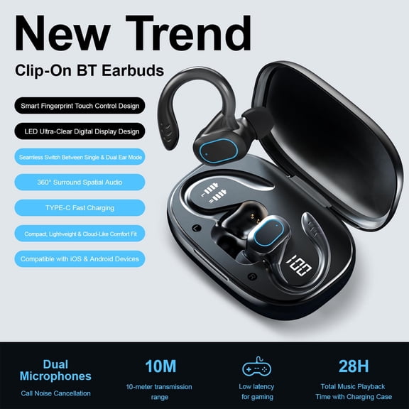 JZCHUNTOY Bluetooth Earbuds with Digital Display Over Ear Hooks, Secure Sports Fit, Long Battery Life, Deep Bass Stereo, Built-in Mic & AI Translation for Travel & Daily Use