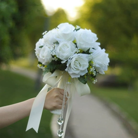 JZCHUNTOY Bridal Wedding Artificial Rose Bouquet 1 Piece Ribbon Beaded Handheld Flower, Real Touch Faux Flower Bouquet, Wedding Accessory for Bride Bridesmaid Wedding Ceremony Photo Shooting Prop