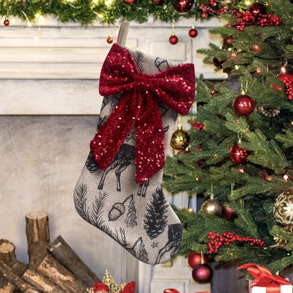 JZCHUNTOY Christmas Stocking, 1 Piece Sequin Bow Printed Reindeer Stocking, Soft Large Capacity Christmas Stocking, Festive Decor for Christmas Tree Fireplace Home Holiday Party Decoration