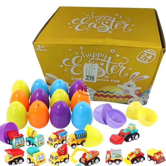 JZCHUNTOY Easter Egg Toy Set 24 Pieces, Printed Plastic Twist Egg with Engineering Car Toy, Colorful Openable Surprise Egg, Party Favor for Easter Hunt, Holiday Gift, Themed Party, Boy Girl Reward