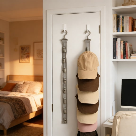 JZCHUNTOY Hat Storage Hanging Strap, Over-Door Hat Organizer with Hook Clips, Adjustable Cap Hanger, Space-Saving Rack for Baseball Caps, Berets, Home Closet, Door, Wall Organization