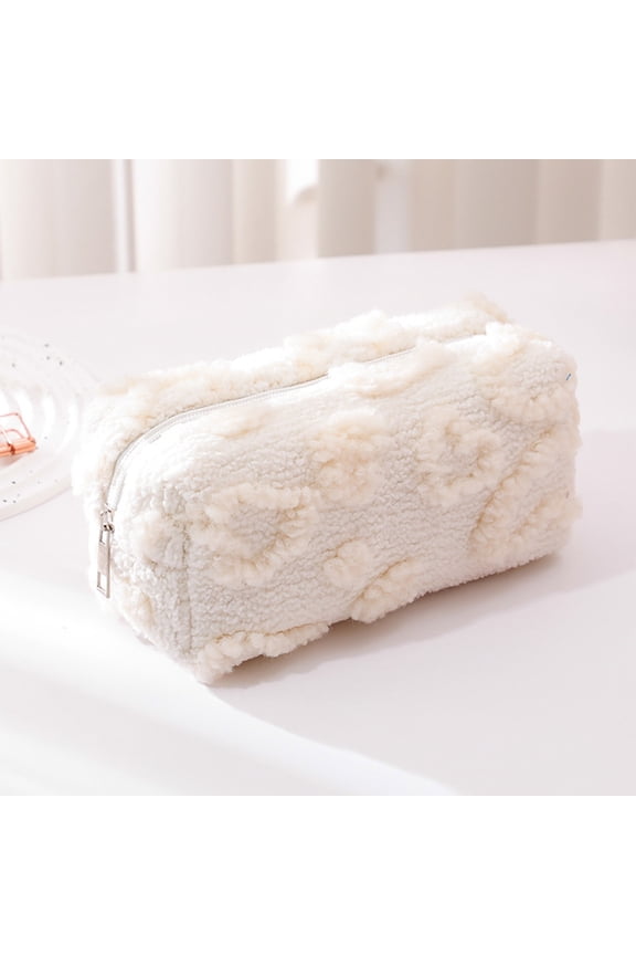 Heart Print Plush Storage Bag, Washable Lightweight Organizer Pouch for Home Travel and Cosmetics Accessories