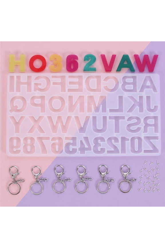 Keychain Making Kit with 1 PC Mold, 6 PCs Silver Key Rings, 26 PCs Silver Screw Eye Pins, Multiple Letter Silicone Molds, Craft Tool Set for Personalized Keychains
