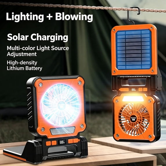 JZCHUNTOY Portable Solar Powered Fan Light, Outdoor Camping Tent Fan with Large Airflow, Multi-functional Illumination Fan Light for Camping