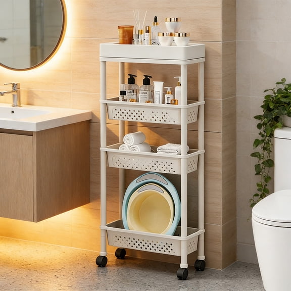 JZCHUNTOY Storage Rack, 3/4 Tier Rolling Utility Cart, Freestanding Multi Layer Book Shelf, Movable Slotted Storage Organizer for Kitchen Bathroom Office Pantry