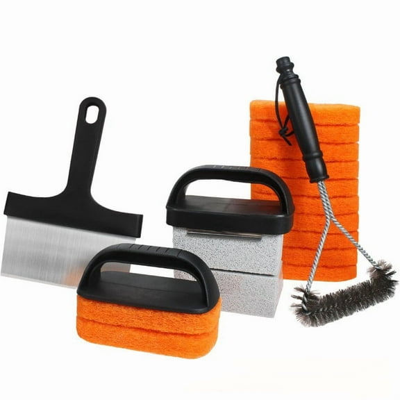 JZCHUNTOY Teppanyaki Cleaning Set, 19 Pieces Include 14 Orange Scouring Pads 2 Handles 1 Cleaning Stone 1 Scraper, Heavy Duty Grease Remover Tool Kit, for Grills Griddles Kitchen Countertops