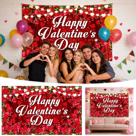 JZCHUNTOY Valentine's Day Backdrop Cloth 1 Piece, Heart Rose Pattern Party Background Fabric Durable Washable Reusable, Decorative Photo Backdrop for Valentine's Day Party Home Event Decor