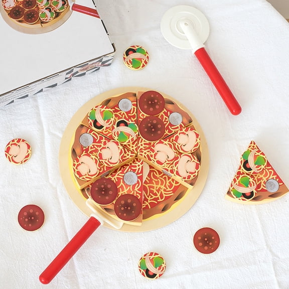 JZCHUNTOY Wooden Pizza Pretend Play Set with Pizza Cutter and Server, 3-Piece Realistic Cutting Simulation for Kitchen Role Play for Boys and Girls