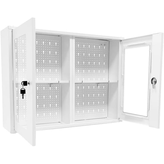 JZD Metal Wall Cabinet, First Aid Steel Hanging Medicine Chest with Lockable Aacrylic Windows (Not Glass), 2 Adjustable Shelves for Kitchen Bathroom Home Office, White