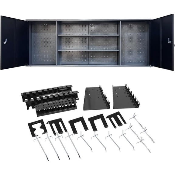 JZD Metal Wall Cabinet with 22 Hooks, Hanging Tool Storage Chest, for Garage, Basement