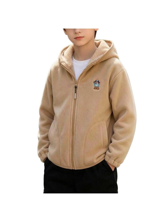 Boys Jacket Cute Fleece Coat Long Sleeve Zip up Hooded Outerwear with Pocket Boy Clothes Size 2-12