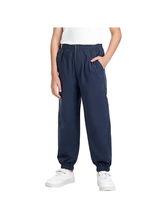 Boys Uniform Pants Back To School Straight Leg Casual Cuffed Pant Elastic Waisted Loose Trouser with Pocket Teen Clothes Size 4-15