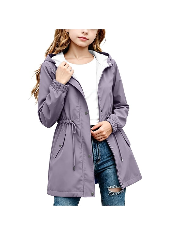 Girls Rain Coat Outdoor Long Sleeve Hooded Zip up Waterproof Windproof Rain Jacket with Pocket Teen Girl Clothes Size 5-16