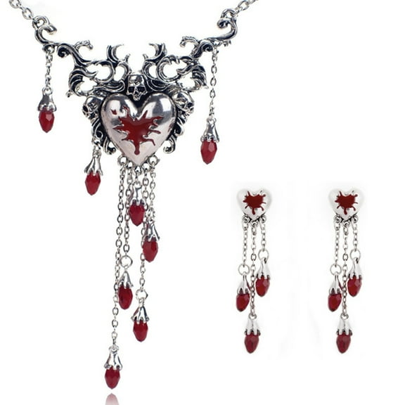 JZROCKER 1 Set Niche Design Sense Red Dripping Necklace Love Heart Earrings For Halloween