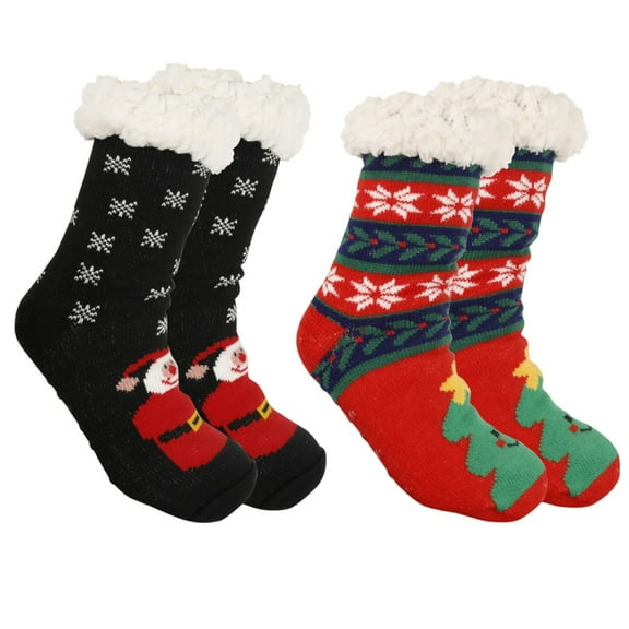 JZROCKER 2 Pairs Women Christmas Slipper Socks Plush Fleece Lining Nonslip Socks
