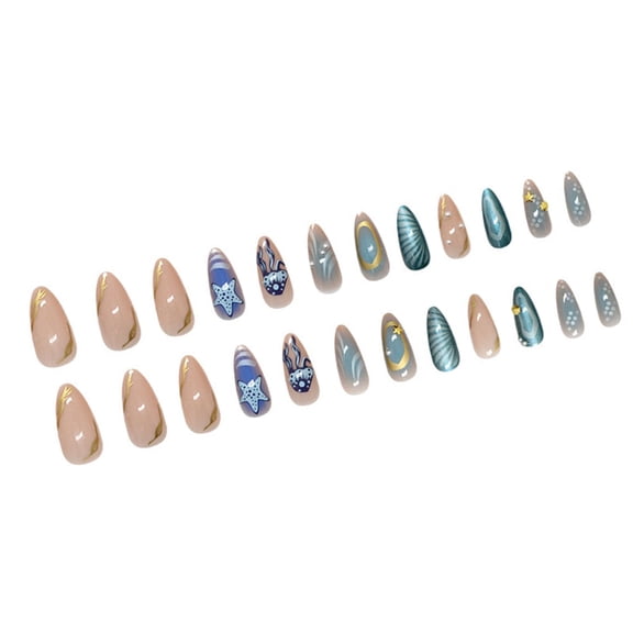 JZROCKER 24 Pcs Almond Shaped False Nails Star Jellyfish Artificial Nails Reusable Stick On Nails Glossy Press On Nails