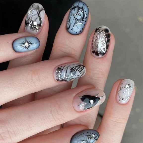 JZROCKER 24 Pcs Butterfly Stick on Nails Silver Black Lines Artificial Nails 3D Rhinestones False Nails Heart Press On Nails