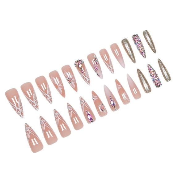 JZROCKER 24 Pcs Flowers Stick on Nails Rhinestones Artificial Nails Long False Nails Stilettos Press On Nails for Woman Girls