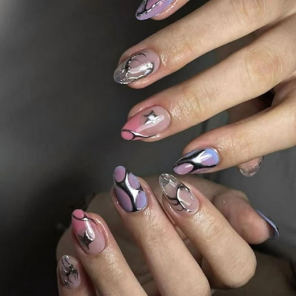 JZROCKER 24 Pcs Gradients False Nails Short Oval Press On Nails French Tip Stick On Nails Silver Stripes Artificial Acrylic Nails