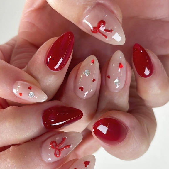 JZROCKER 24 Pcs Heart Acrylic Nails with Rhinestones Valentines Day False Nails French Tip Stick on Nails 3D Bows Press On Nails