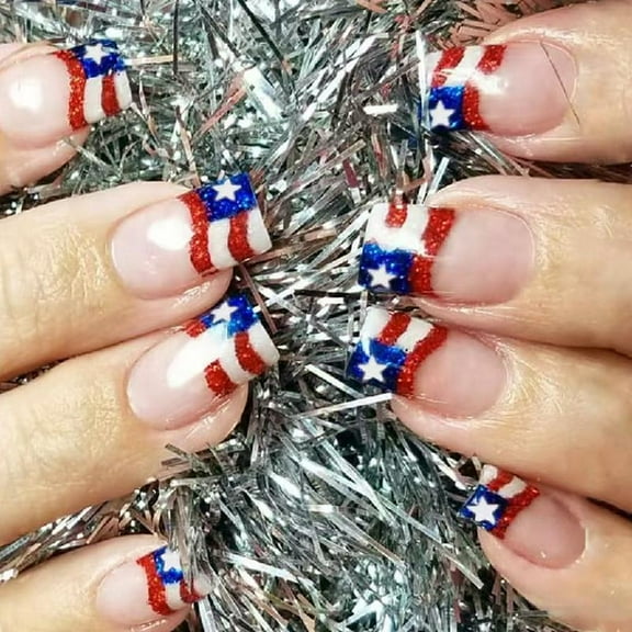 JZROCKER 24 Pcs Independence Day False Nails French Tip Artificial Nails 4th of July Full Covers Stick on Nails Press On Nails