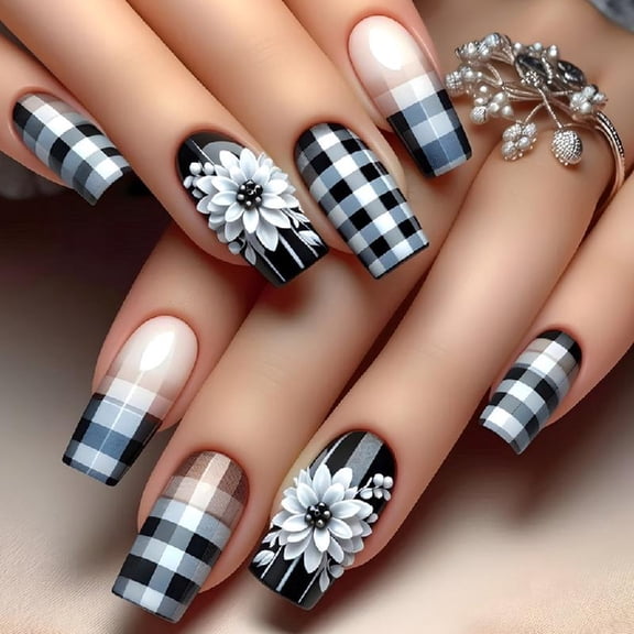 JZROCKER 24 Pcs Mediums Square False Nails White Flowers Artificial Nails Checkerboard Stick On Nails French Tip Press On Nails