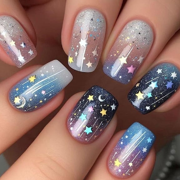 JZROCKER 24 Pieces Square False Nails Acrylic Artificial Nails Glossy Full Covers Stick on with Moon Star Designs for Parties