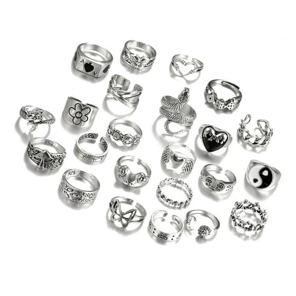 JZROCKER 24Pcs Creative Retro Silver Rings Collection for Women and Men Including Flower Snake and Floral Patterns