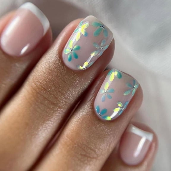 JZROCKER 24Pcs Floral False Nails Luxurious Stick on Nails French Tips Nails Art Square Short Press on Nails For Daily or Parties