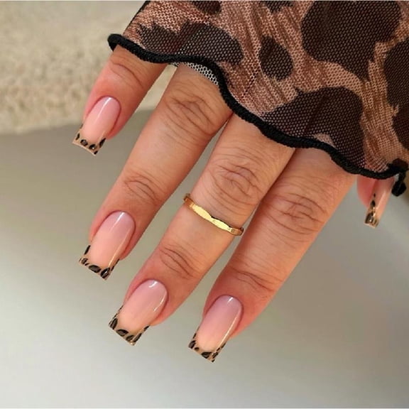 JZROCKER 24Pcs Leopards Print French Tip Press On Nails Short Square Stick on Nails Glossy Full Covers False Nails For Nails Art