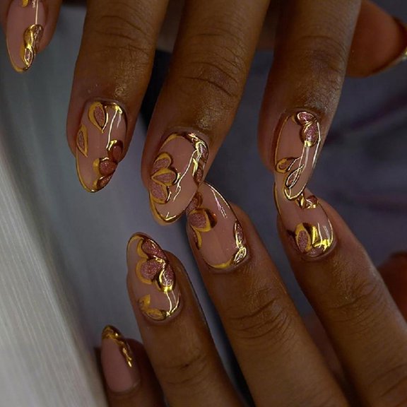 JZROCKER 24pcs Acrylic Nails Press on Nails with Glossy Finish and Floral Full Covers Stick on Nails for Weddings Parties